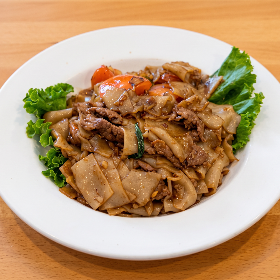 Stir-fried wide rice noodles with sliced beef, mushrooms, tomatoes, and lettuce garnish on a white plate.