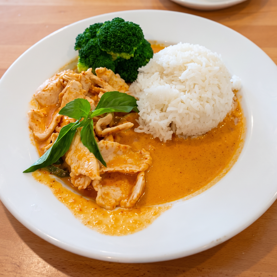 Thai-style chicken curry with white rice, broccoli, and fresh basil served on a white plate.