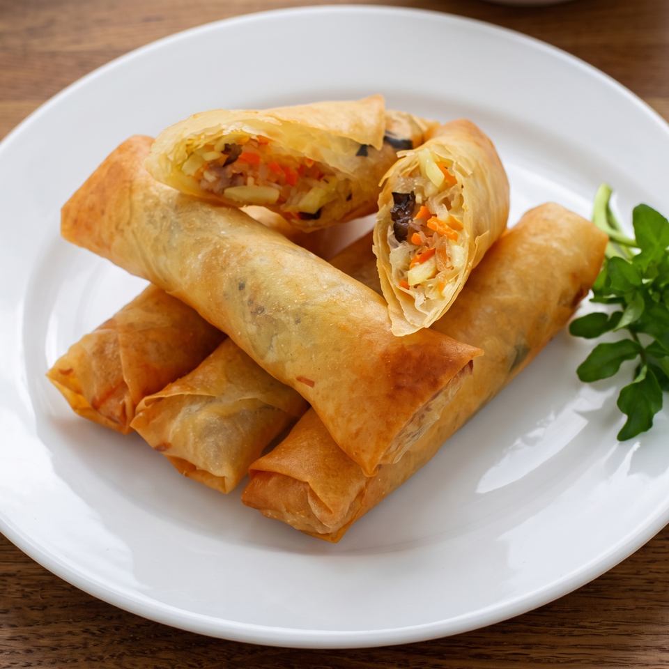 Crispy vegetable spring rolls, including two cut open to reveal cabbage, carrots, and mushrooms, arranged on a white plate with greens.
