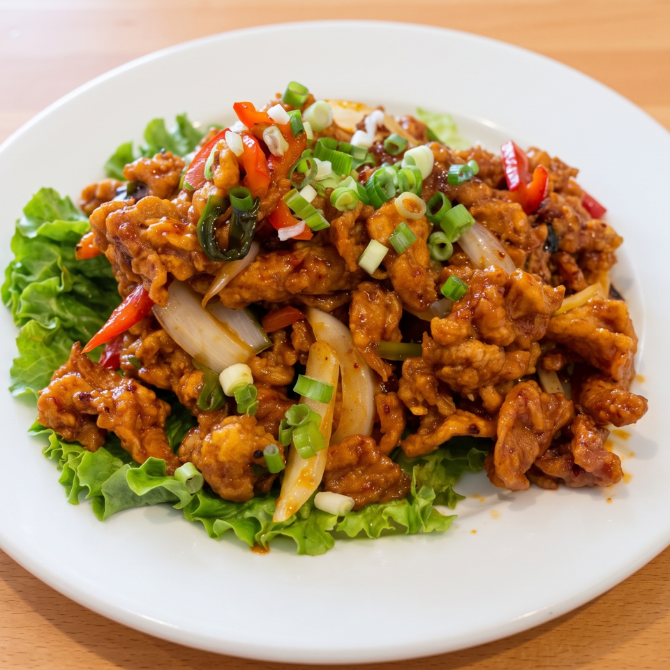 Crispy sauced chicken topped with scallions, onions, and peppers on lettuce, served on a white plate.