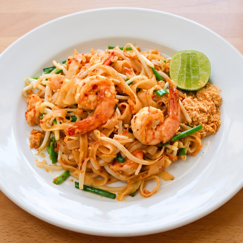 Pad Thai noodles with shrimp, bean sprouts, green onions, crushed peanuts, and lime on a white plate.
