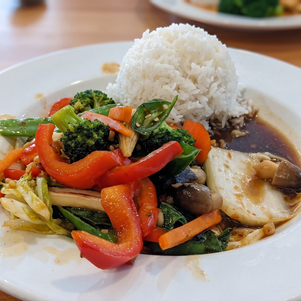 Plate of steamed white rice, stir-fried mixed vegetables, mushrooms, and tofu in savory sauce.